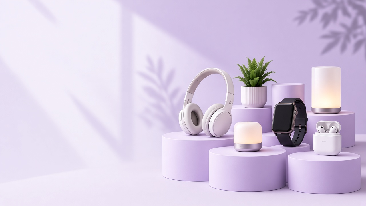 Soft lavender studio with everyday A&H products on pedestals.